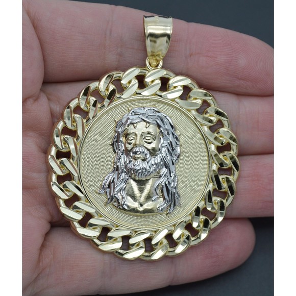 Real 10K Yellow Gold Jesus Head Curb Chain Frame Medallion Pendant 49.4mm 13.1gr - Picture 2 of 7
